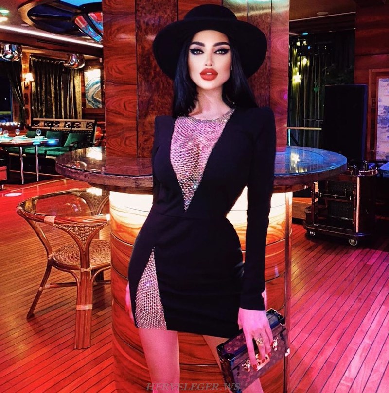 Herve Leger Black Long Sleeve Embellished Panel Dress