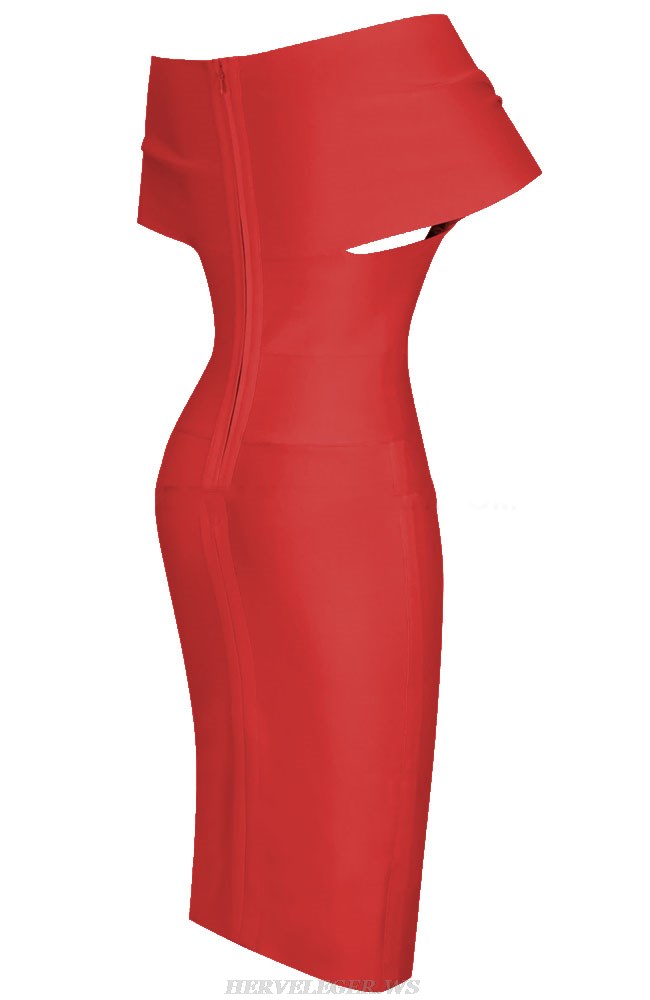 Herve Leger Red Off Shoulder Draped Dress