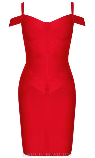Herve Leger Red Off Shoulder Structured Dress