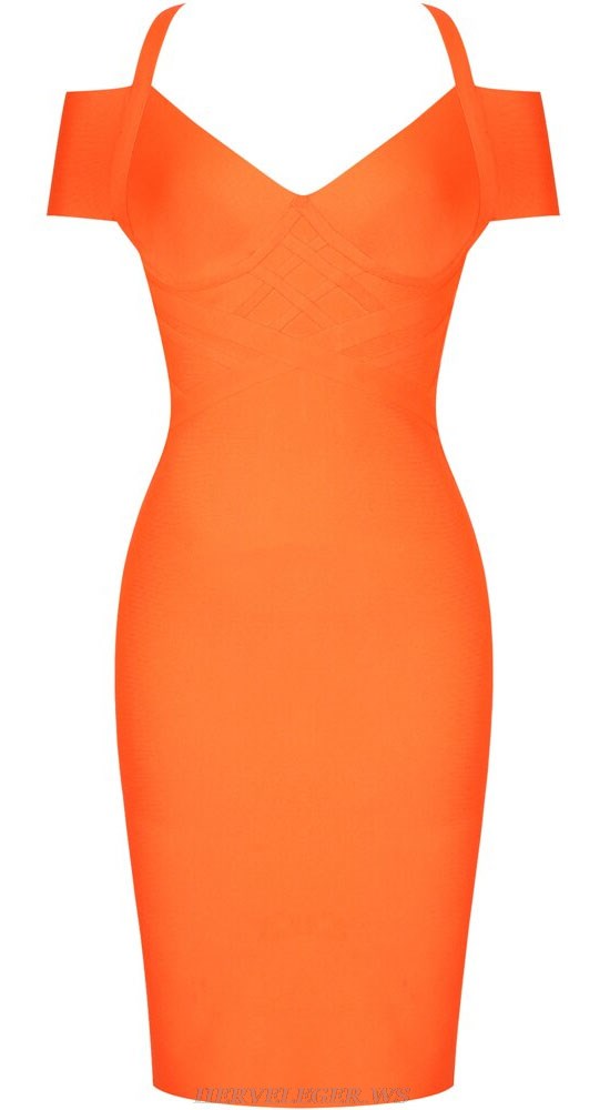 Herve Leger Orange Off Shoulder Structured Dress