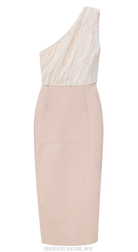 Herve Leger White Nude One Shoulder Draped Lace Dress