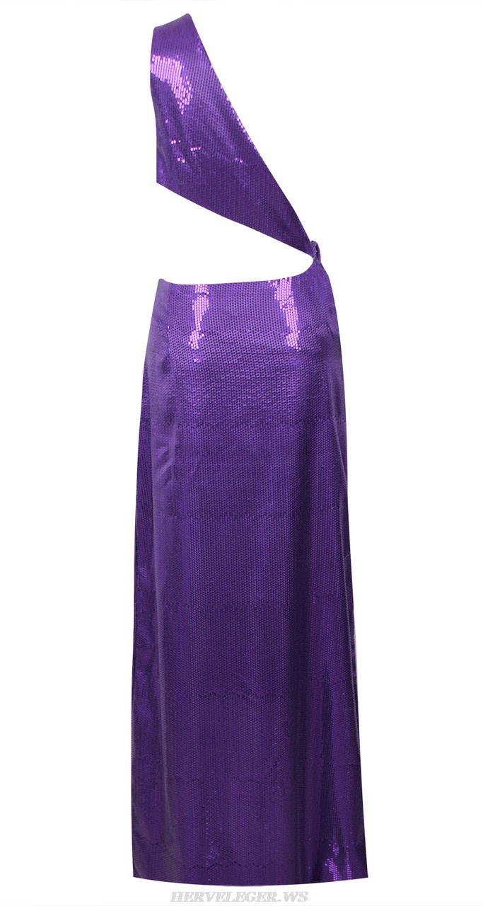 Herve Leger Purple One Shoulder Sequined Gown