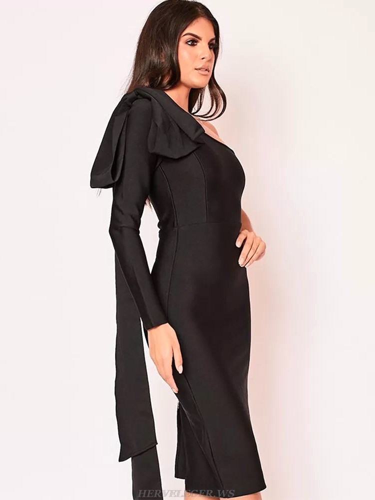 Herve Leger Black One Sleeve Bow Dress