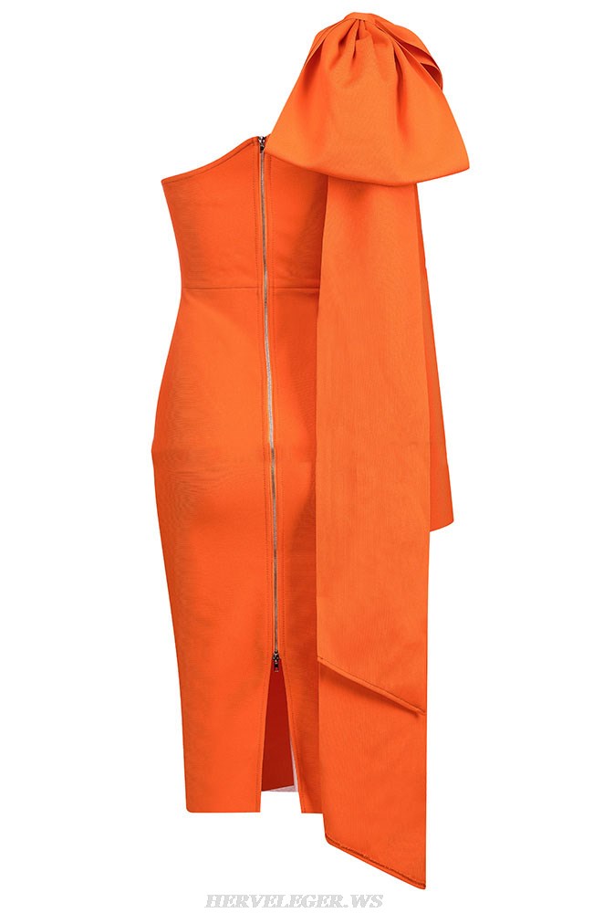 Herve Leger Orange One Sleeve Bow Dress
