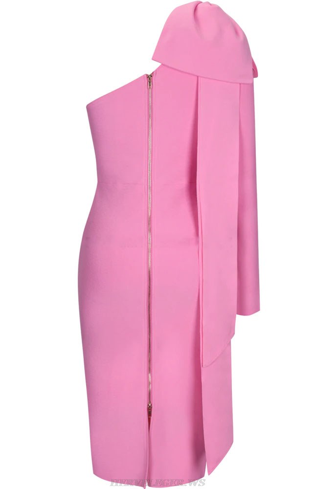 Herve Leger Pink One Sleeve Bow Dress
