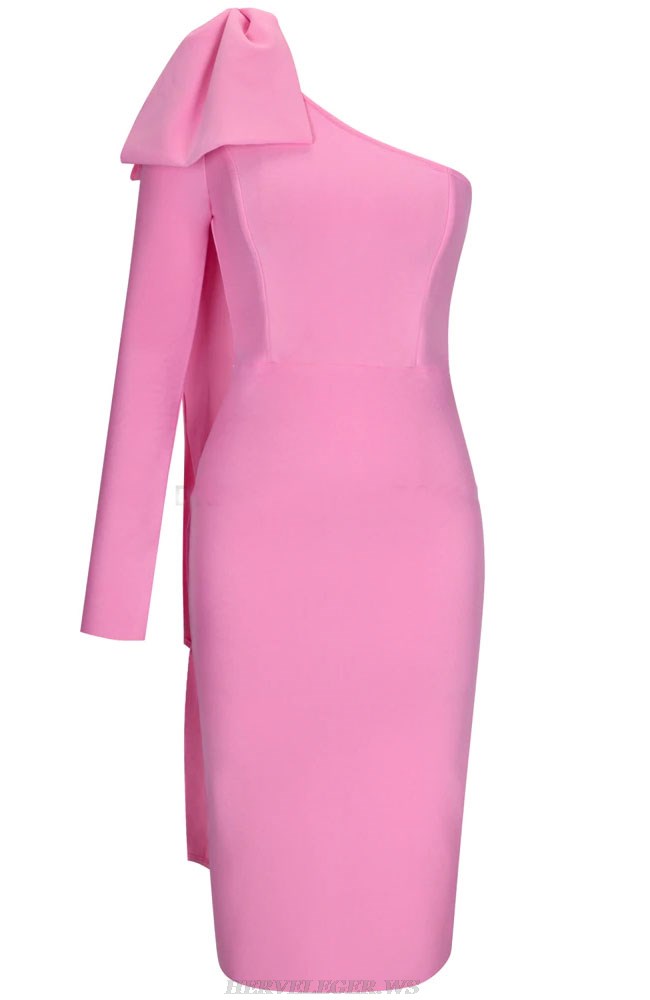 Herve Leger Pink One Sleeve Bow Dress
