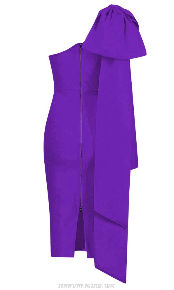 Herve Leger Purple One Sleeve Bow Dress
