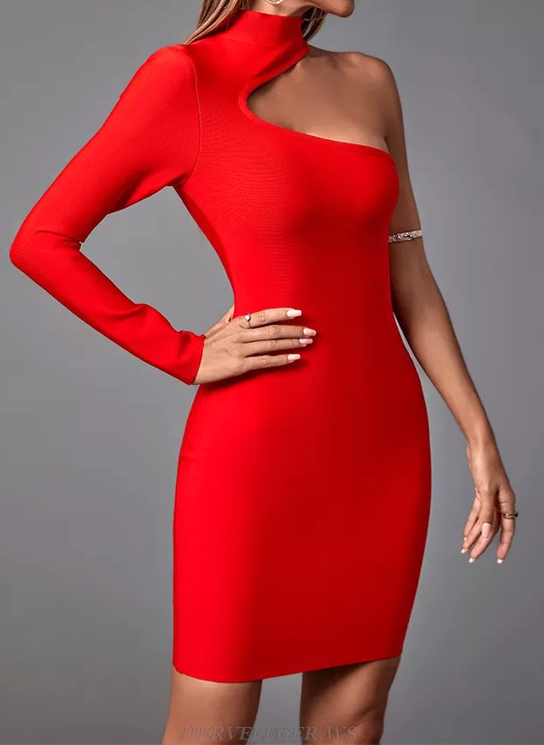 Herve Leger Red One Sleeve Dress