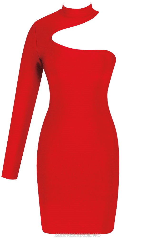 Herve Leger Red One Sleeve Dress