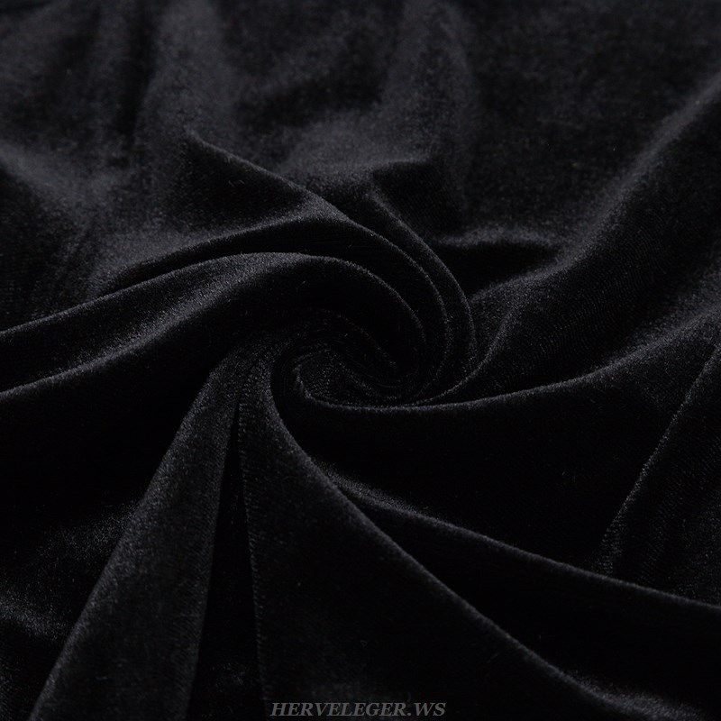 Herve Leger Black One Sleeve Rhinestone Tassel Velvet Dress