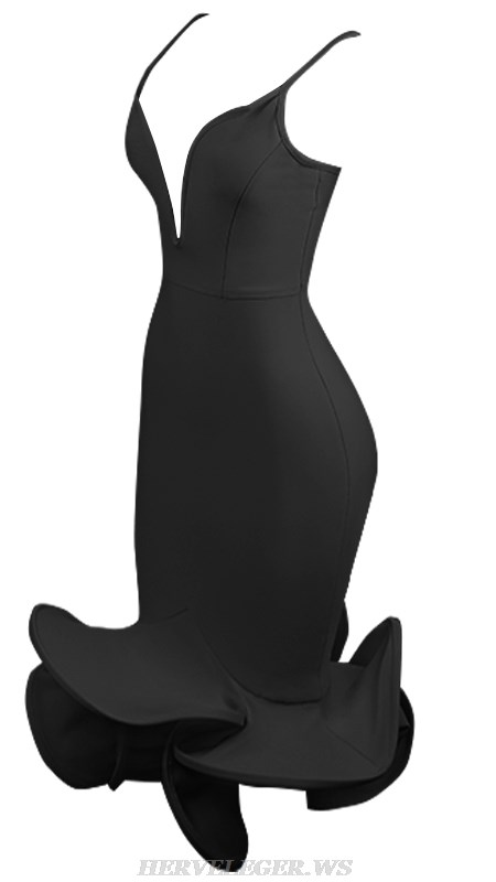 Herve Leger Black Plunge V Neck Mermaid Dress