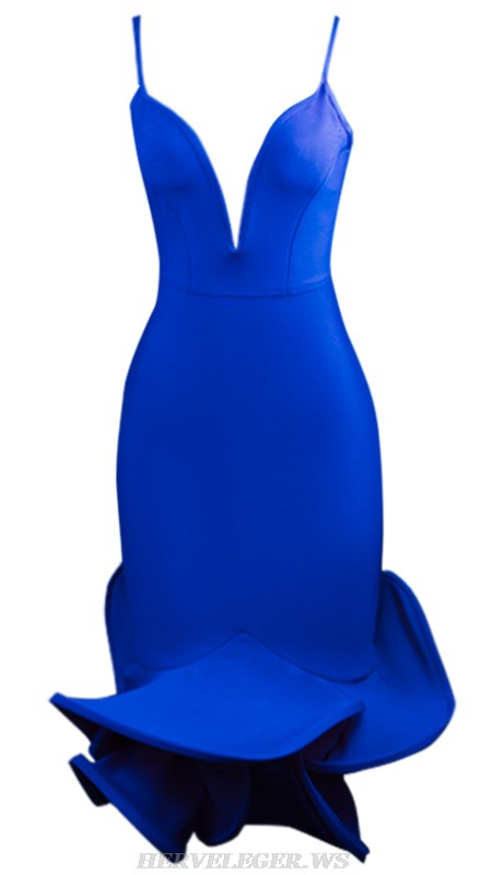 Herve Leger Blue Plunge V Neck Mermaid Dress