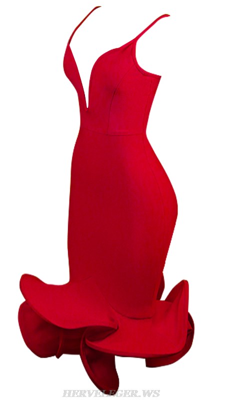 Herve Leger Red Plunge V Neck Mermaid Dress