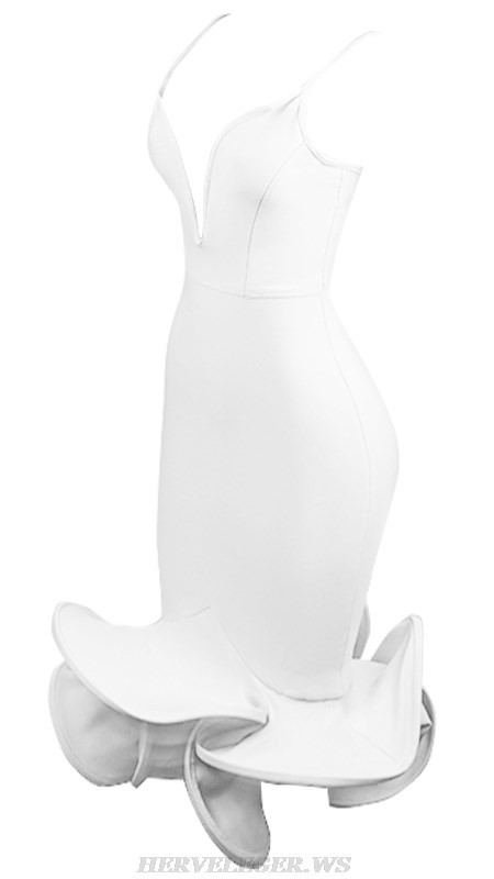 Herve Leger White Plunge V Neck Mermaid Dress