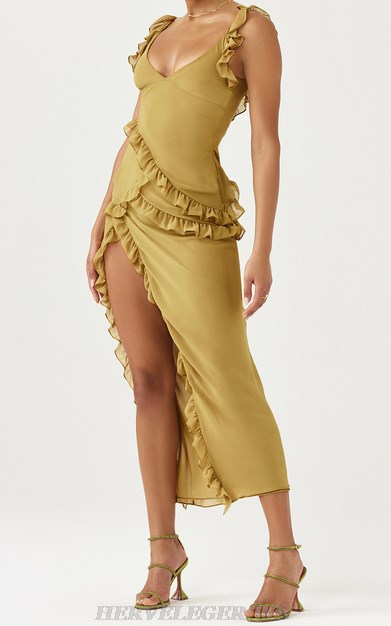 Herve Leger Mustard Ruffle Split Gown Herve Leger Mustard Ruffle Split Gown