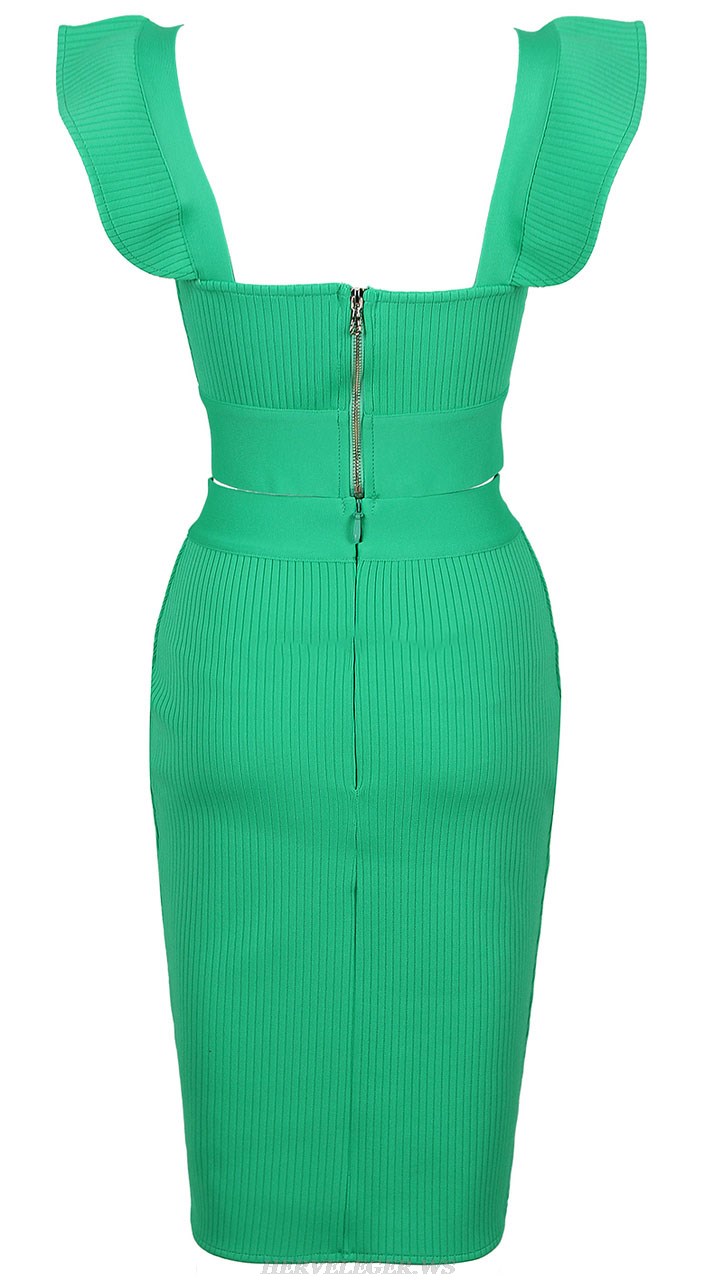 Herve Leger Green Ruffle Ribbed Two Piece Dress