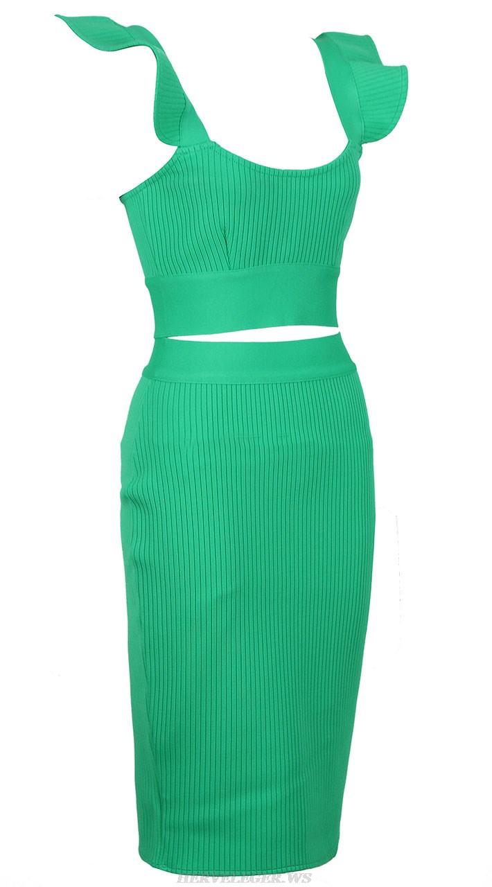 Herve Leger Green Ruffle Ribbed Two Piece Dress