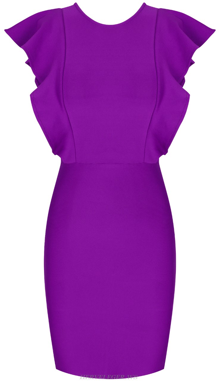 Herve Leger Purple Ruffle Sleeve Dress