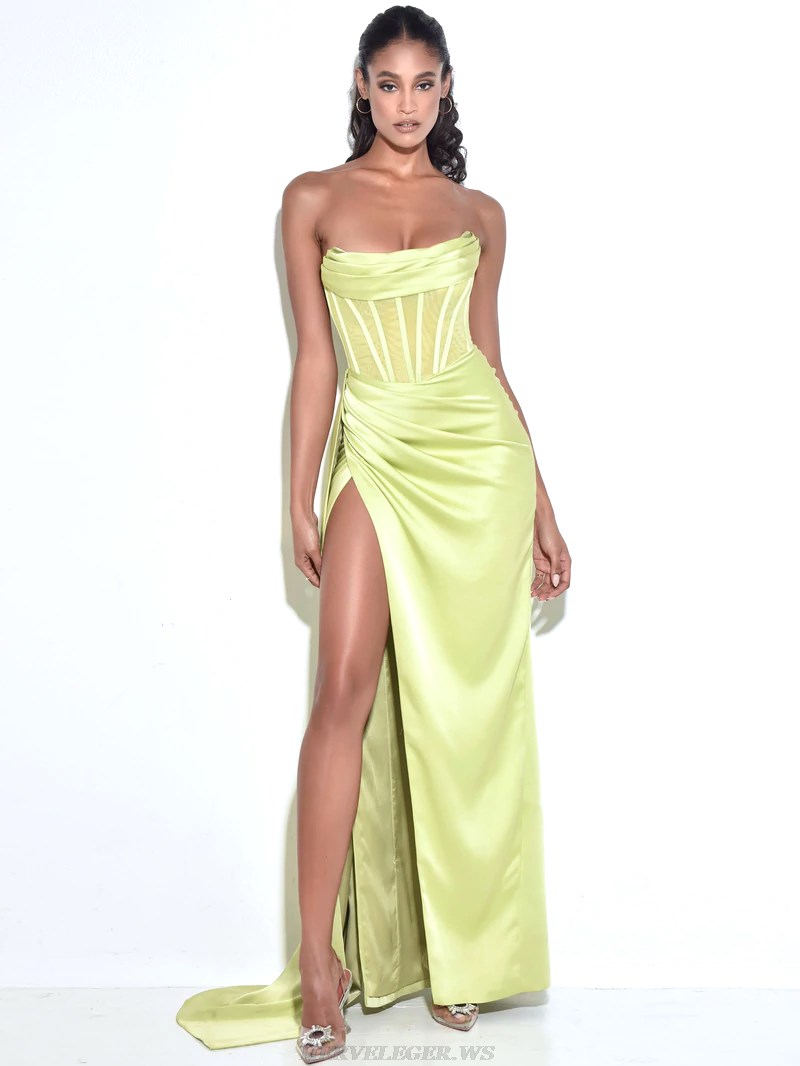 Herve Leger Yellow Strapless Draped Corset Silk Gown