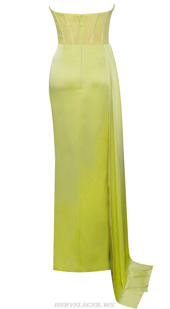 Herve Leger Yellow Strapless Draped Corset Silk Gown