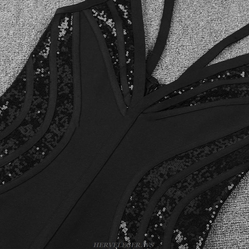Herve Leger Black Structured Sequin Dress