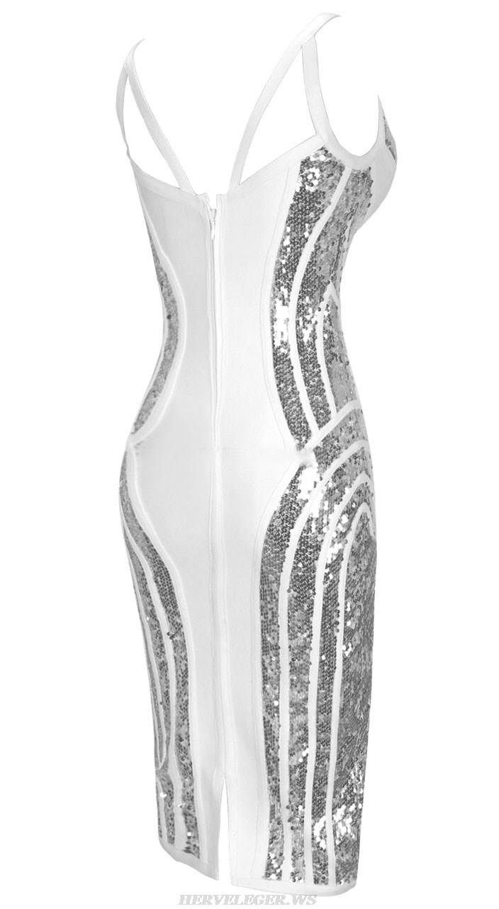 Herve Leger White Silver Structured Sequin Dress