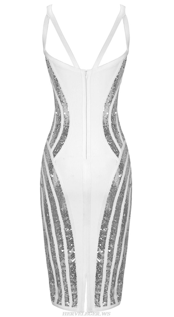 Herve Leger White Silver Structured Sequin Dress