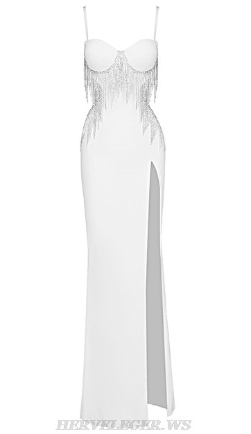 Herve Leger White Bustier Rhinestone Tassel Gown