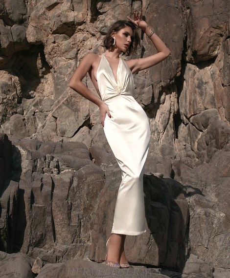 Herve Leger Ivory Halter Draped Silk Dress