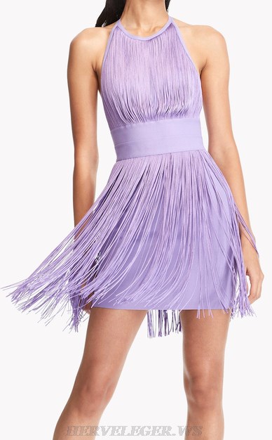 Herve Leger Lavender Halter Tassel Backless Dress