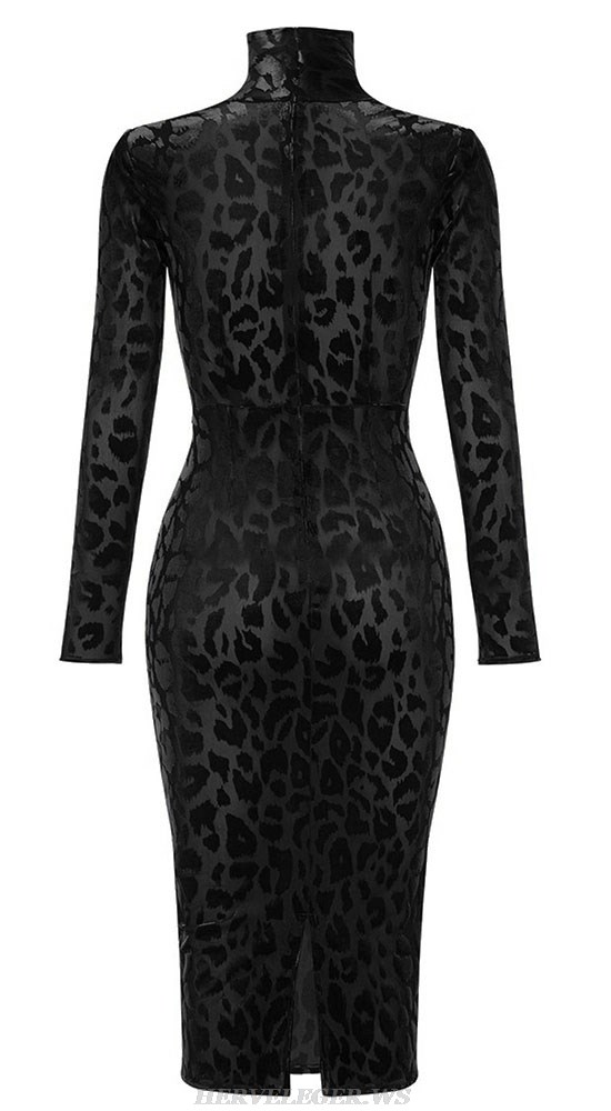 Herve Leger Black Long Sleeve Animal Print Velvet Dress