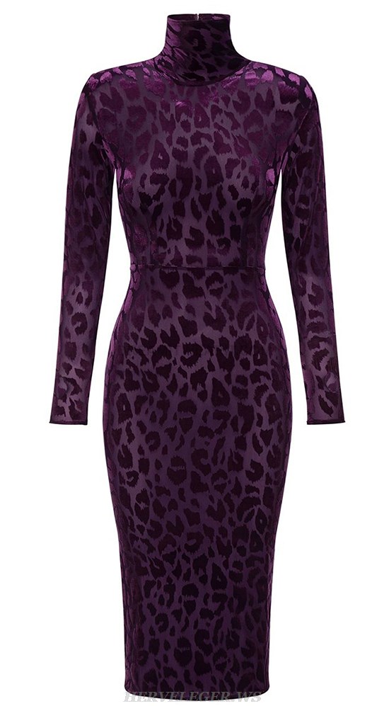 Herve Leger Purple Long Sleeve Animal Print Velvet Dress