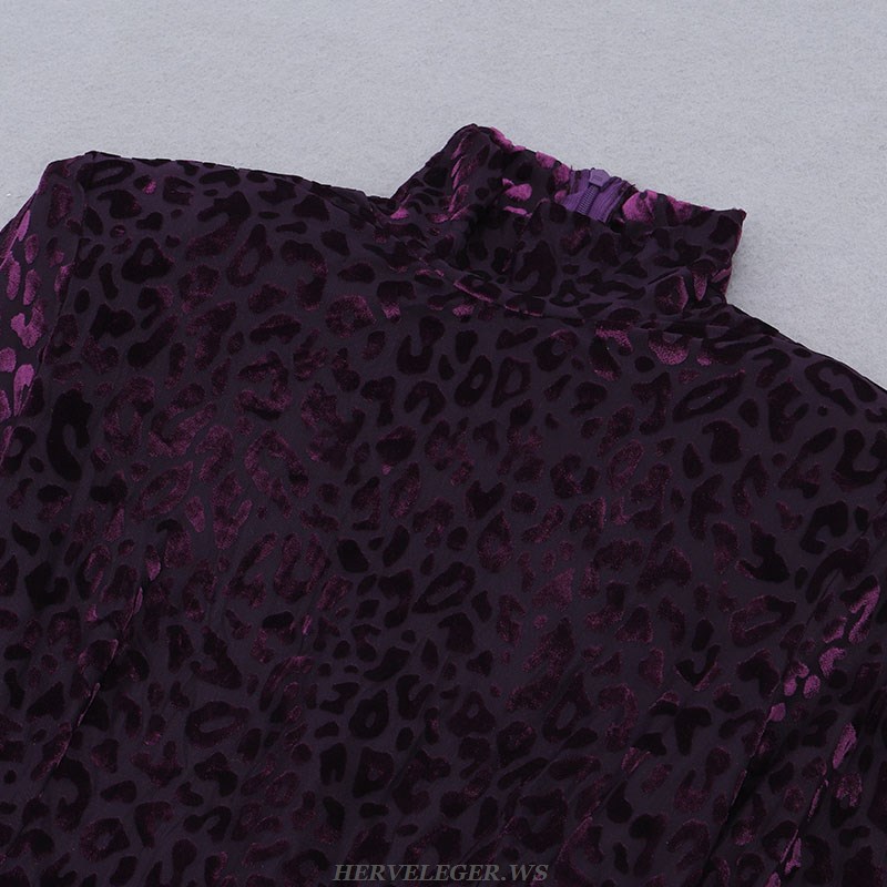 Herve Leger Purple Long Sleeve Animal Print Velvet Dress