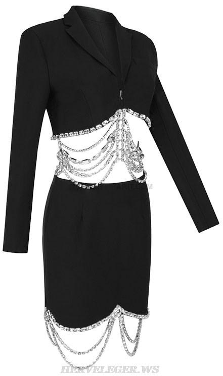 Herve Leger Black Long Sleeve Rhinestone Detail Two Piece Dress