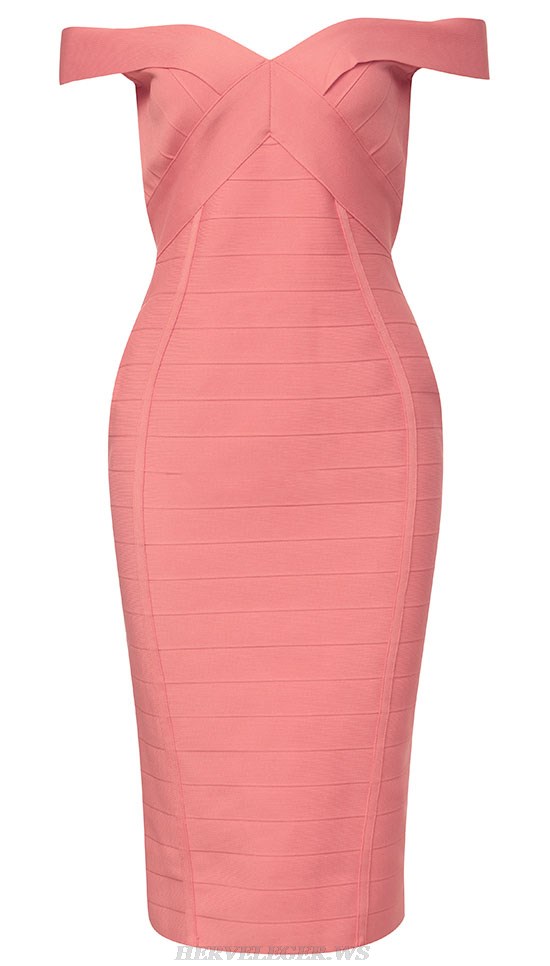 Herve Leger Coral Pink Off Shoulder Dress