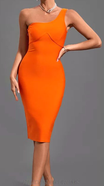 Herve Leger Orange One Shoulder Bustier Dress