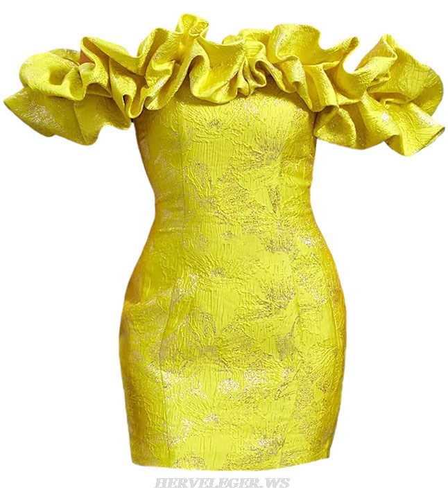 Herve Leger Yellow Puff Off Shoulder Sparkly Dress