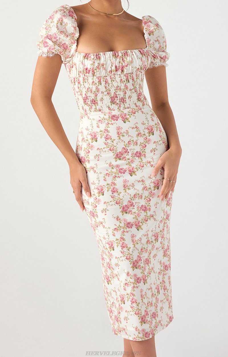 Herve Leger Puff Short Sleeve Floral Dress