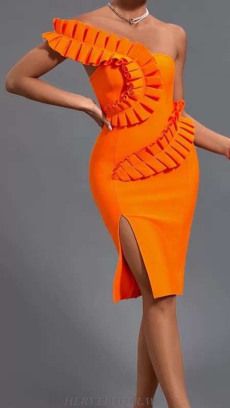 Herve Leger Orange Ruffle One Shoulder Dress