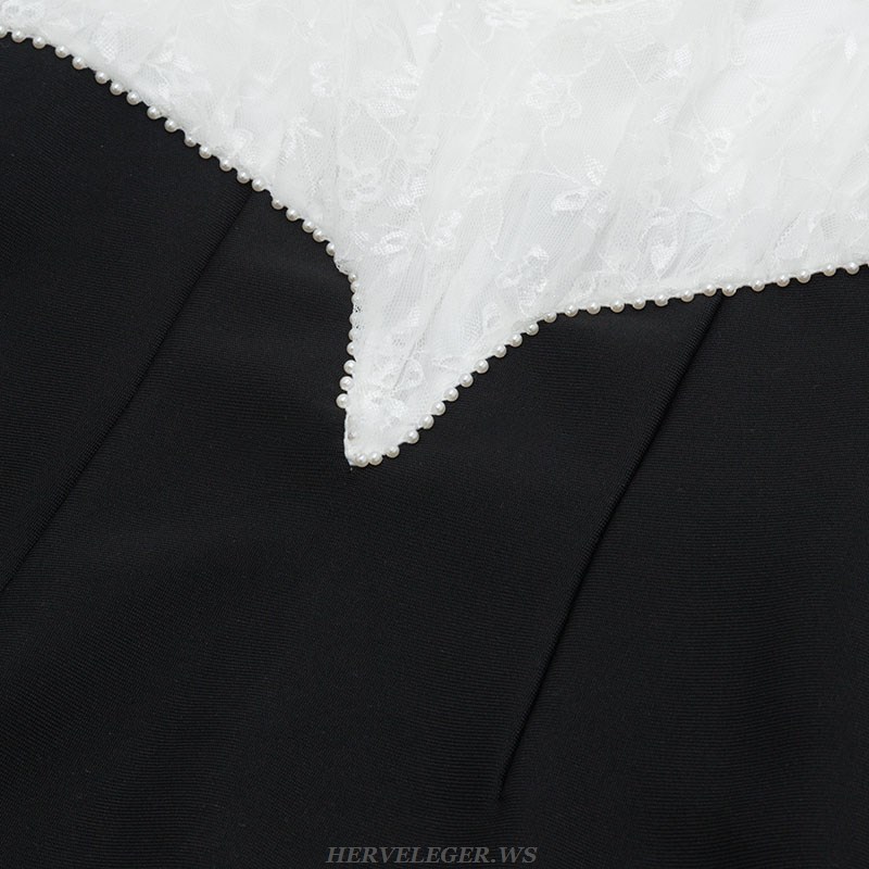 Herve Leger Black White Short Sleeve Lace Pearl Dress