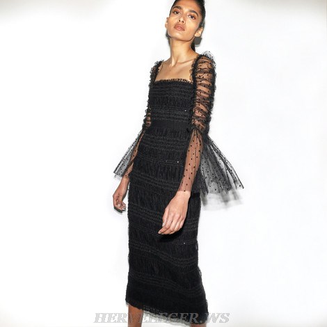 Herve Leger Black Bell Sleeve Draped Mesh Midi Dress