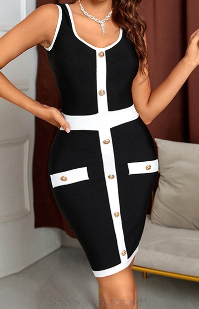 Herve Leger Black And White Button Dress