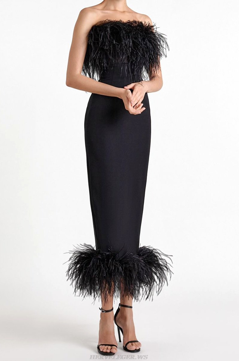 Herve Leger Black Feather Strapless Midi Dress