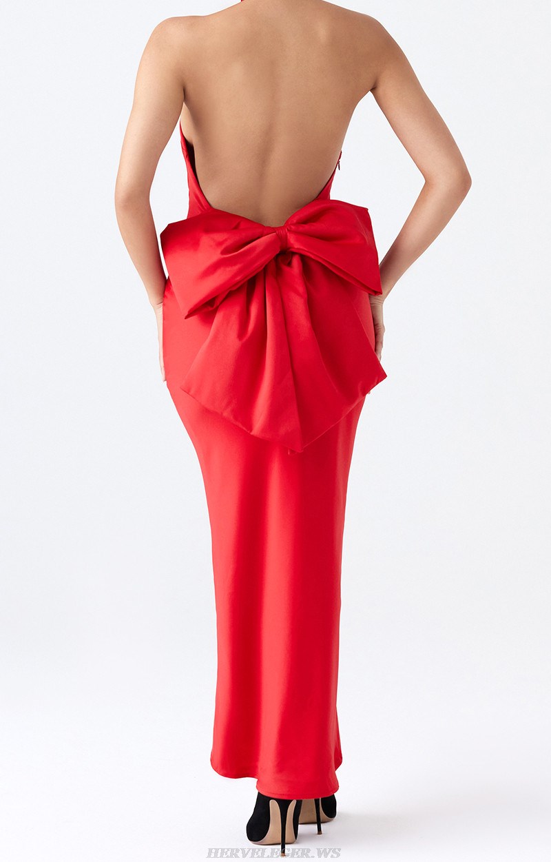 Herve Leger Red Halter Backless Bow Gown