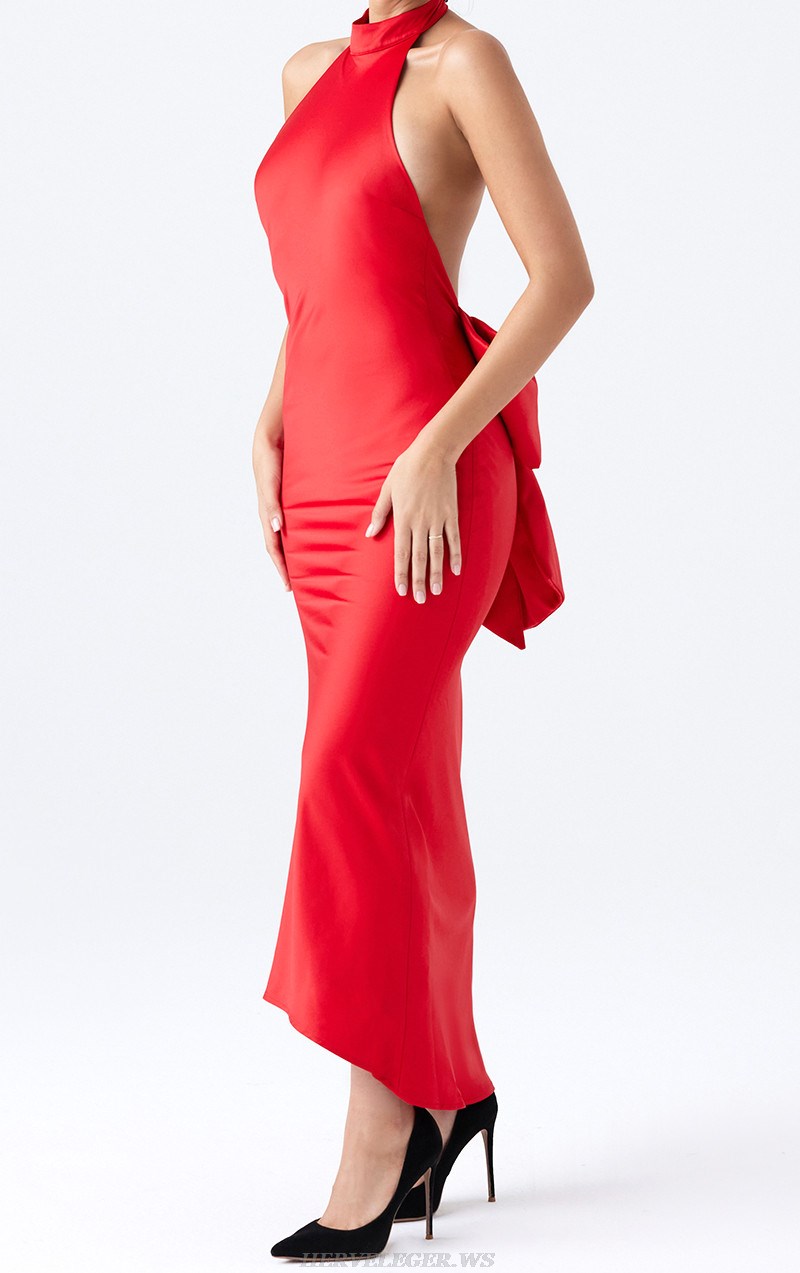 Herve Leger Red Halter Backless Bow Gown