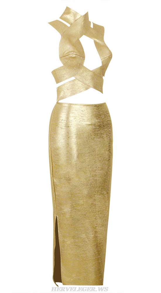 Herve Leger Gold Halter Strappy Woodgrain Foil Print Midi Dress