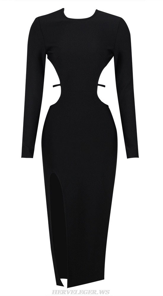 Herve Leger Black Long Sleeve Backless Midi Dress
