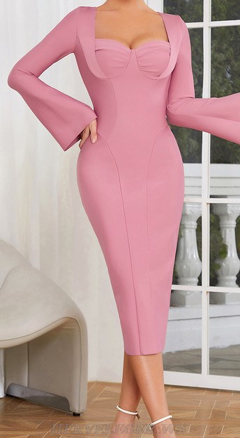 Herve Leger Pink Long Sleeve Bustier Structured Midi Dress