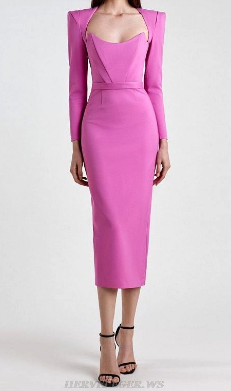 Herve Leger Pink Long Sleeve Corset Midi Dress