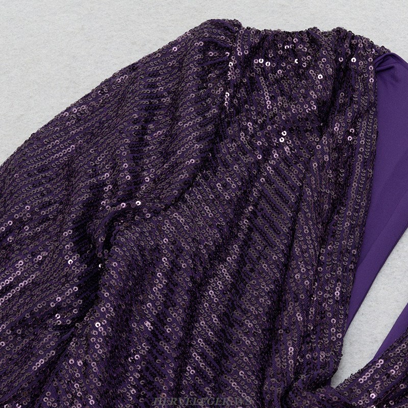 Herve Leger Purple Long Sleeve Draped Sequin Dress